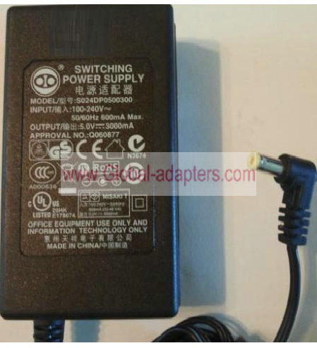 New S024DP0500300 5.0V 3000mA 21-00053 Switching Power Supply 4.8*1.7mm 90 DEGREE RIGHT ANGLE ROUND